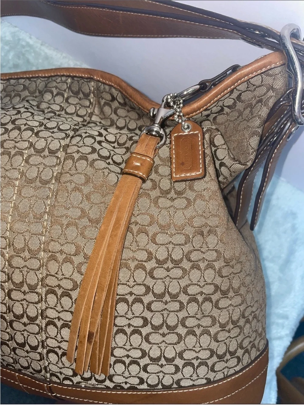 Vintage  Y2K Coach Brown Signature Canvas Hobo Bag with Leather Trim